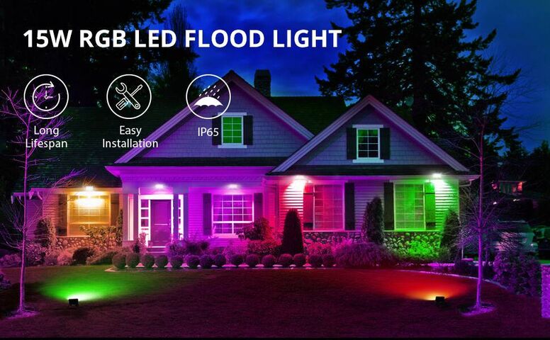 15W RGB LED Flood Light with Remote Control, Outdoor Security Light - Lepro
