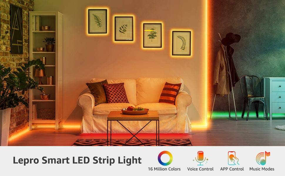 Lepro 16.4ft Music Sync Smart LED Strip Lights Works with Alexa Google  Home.16 Million Colors LED Tape Lights for Bedroom, Home, Kitchen, TV,  Party and Festival