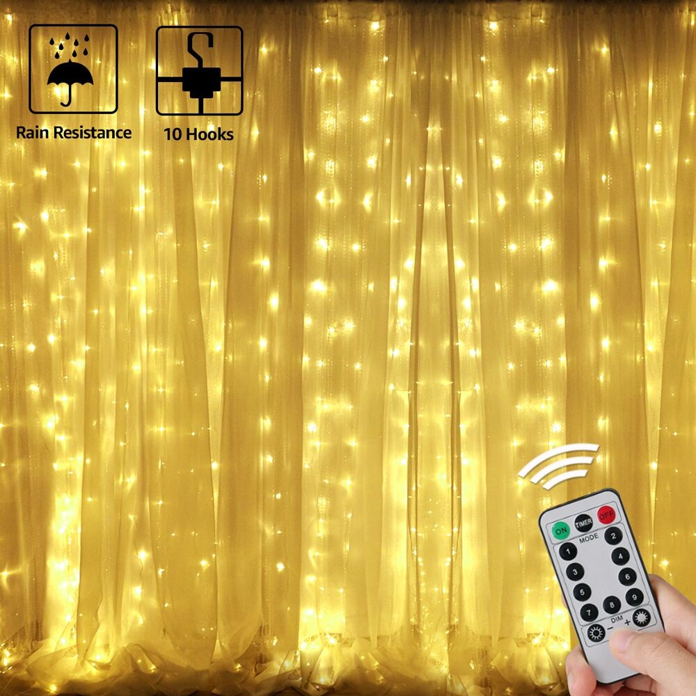 9.8x9.8ft LED Curtain Light, USB or Battery Operated, 8 Mode, Warm White,  300 LED - Lepro