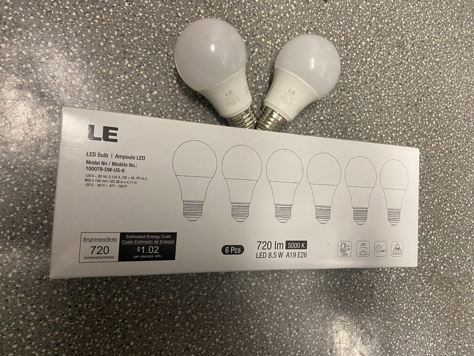 LED Light Bulbs, 60W Equivalent 5000K Daylight White Non-Dimmable, A19 E26  Standard Medium Base, UL Listed, 8.5 Watt, Pack of 6