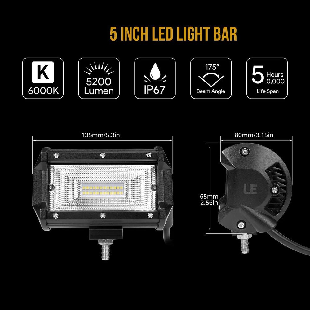 LE 5 Inch LED Work Light Bar, 72W 6000K, Spotlight, Daylight White, IP67  Waterproof, Driving Light for Truck, Car, ATV, SUV, Jeep, Boat and more,  Pack of 2