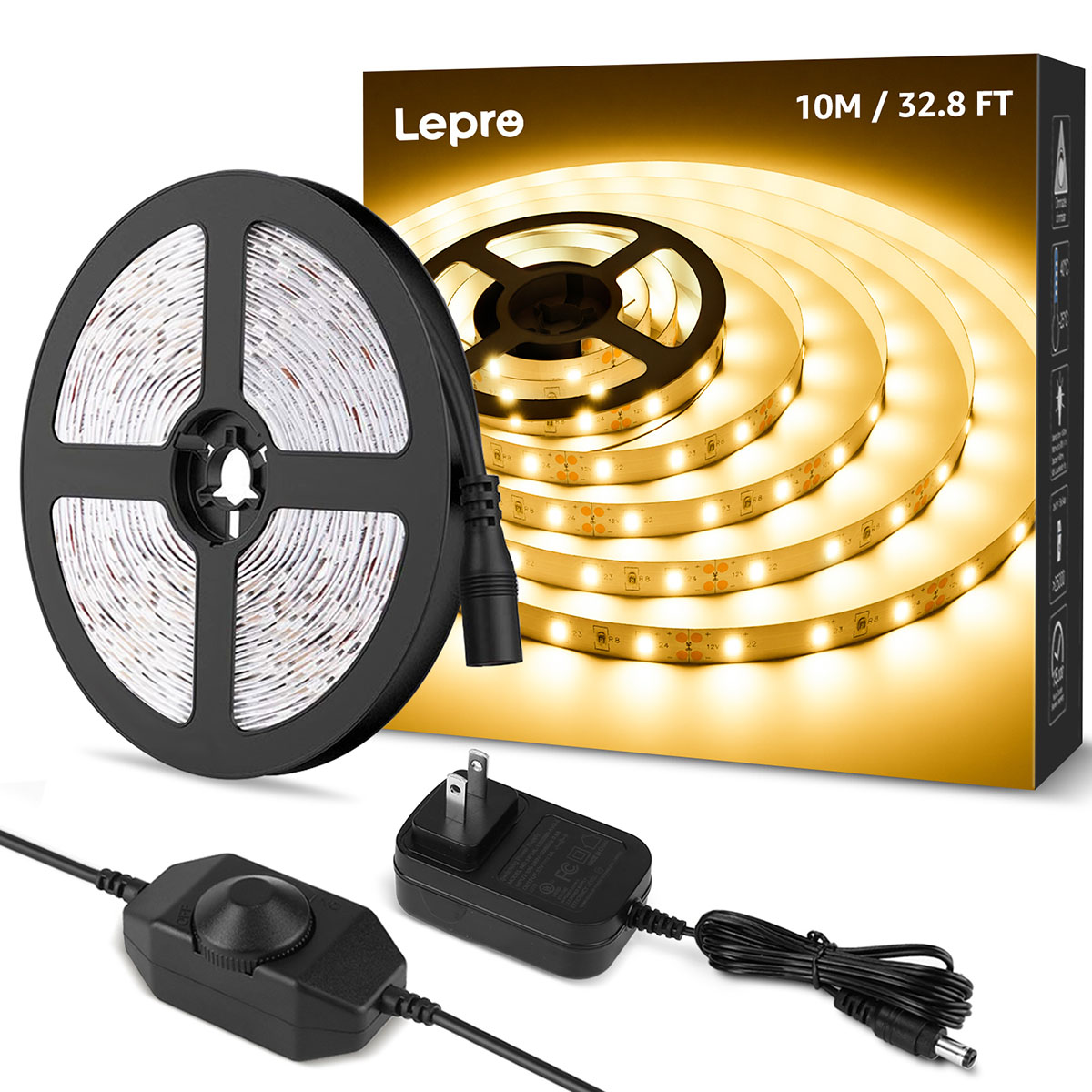Lepro 12V LED Strip Light, Flexible, SMD 2835, 300 LEDs, 32.8ft Tape Light  for Home, Kitchen, Party, Christmas and More, Non-Waterproof, Warm White