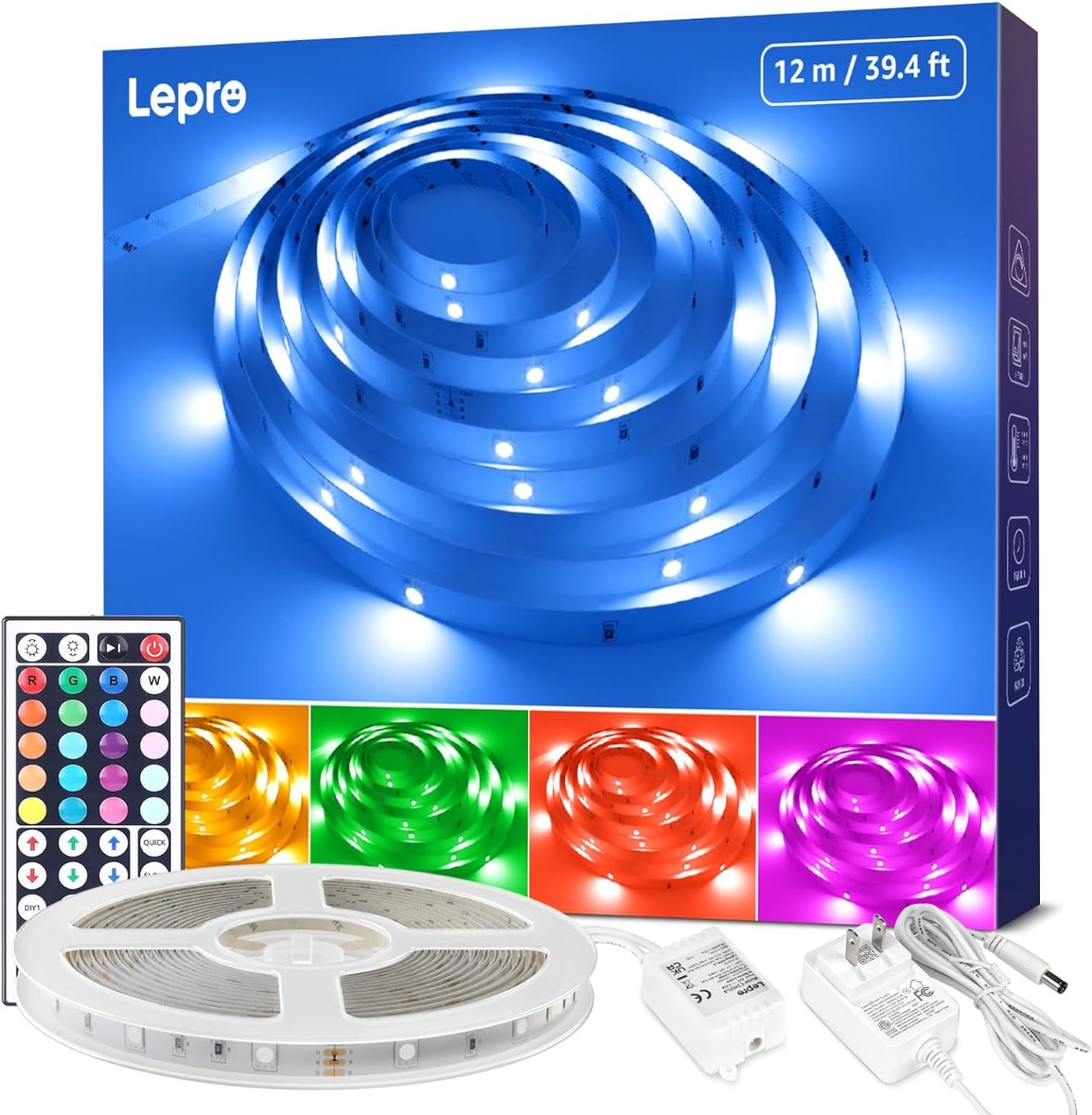 Lepro LED Strip Lights, 39.4Ft RGB LED Strips, 5050 SMD LED Color Changing Strip Light with 44 Keys Remote Controller and 24V Power Supply, Ideal
