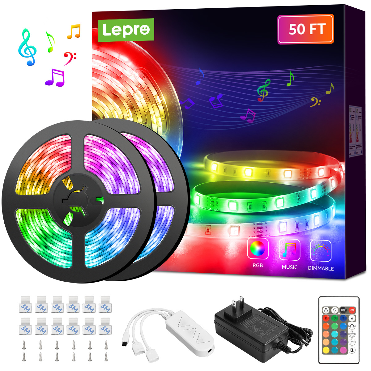 Lepro 50ft LED Strip Light, Ultra-Long RGB 5050 LED Strips with Remote Controller and Fixing Clips, Color Changing Tape Light