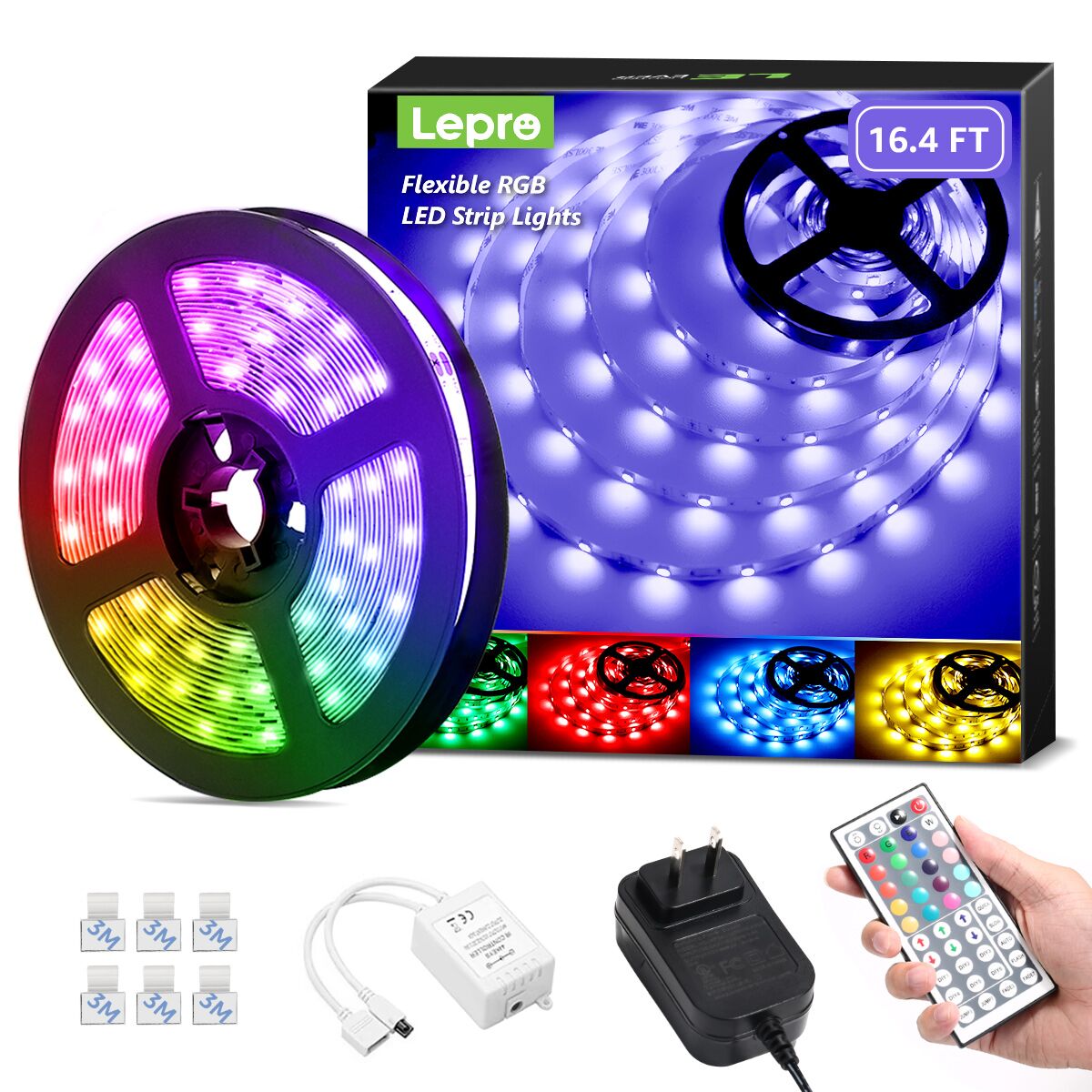 LEDwholesalers 12-Volt 16.4-ft RGB Color-Changing Kit with Controller and IR Remote and LED Strip in White PCB 2034RGB-R2+3369+3208 Power Supply 