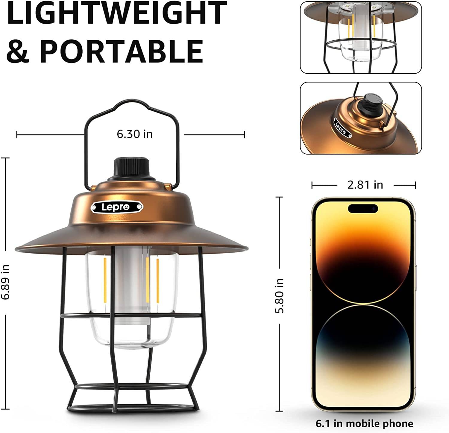 Lepro Bundle - 2 Items: Lepro Vintage Rechargeable LED Camping Lantern &  Lepro LED Camping Lantern Hanging Tent Light Bulbs with Clip Hook