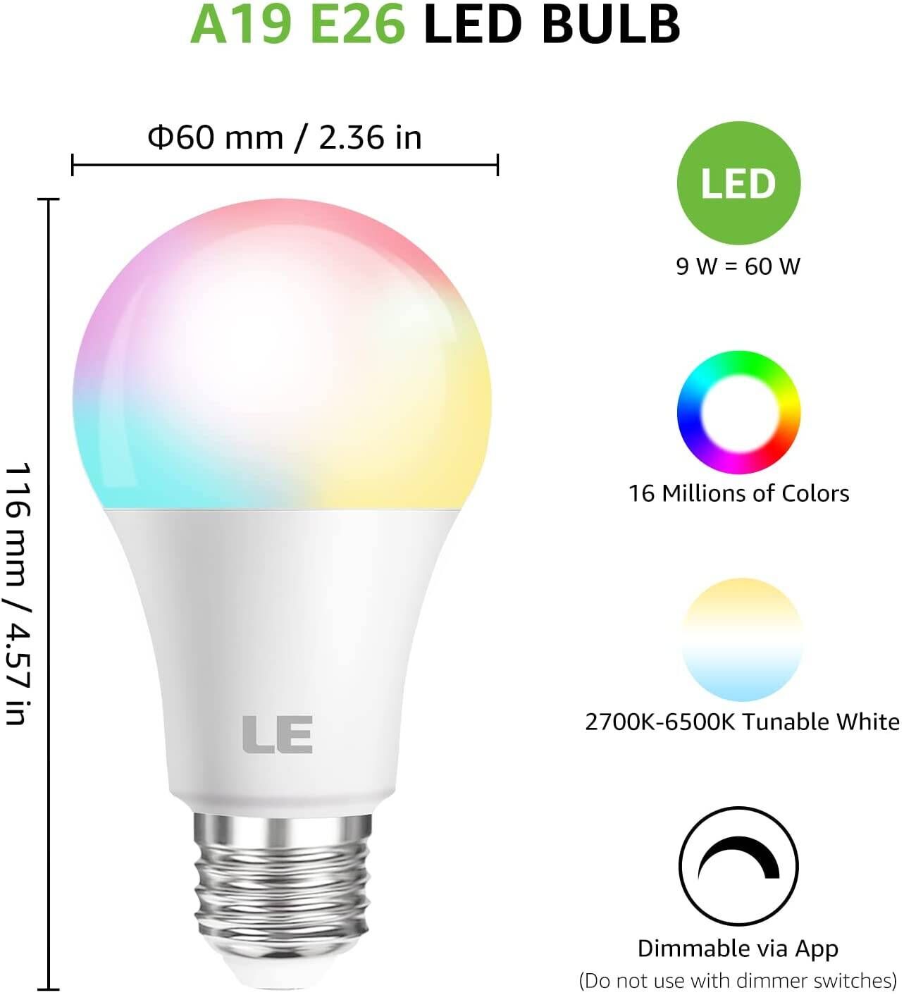 6W RGB LED Bulbs Remote, 40W Incandescent Equivalent, Choices - Lepro