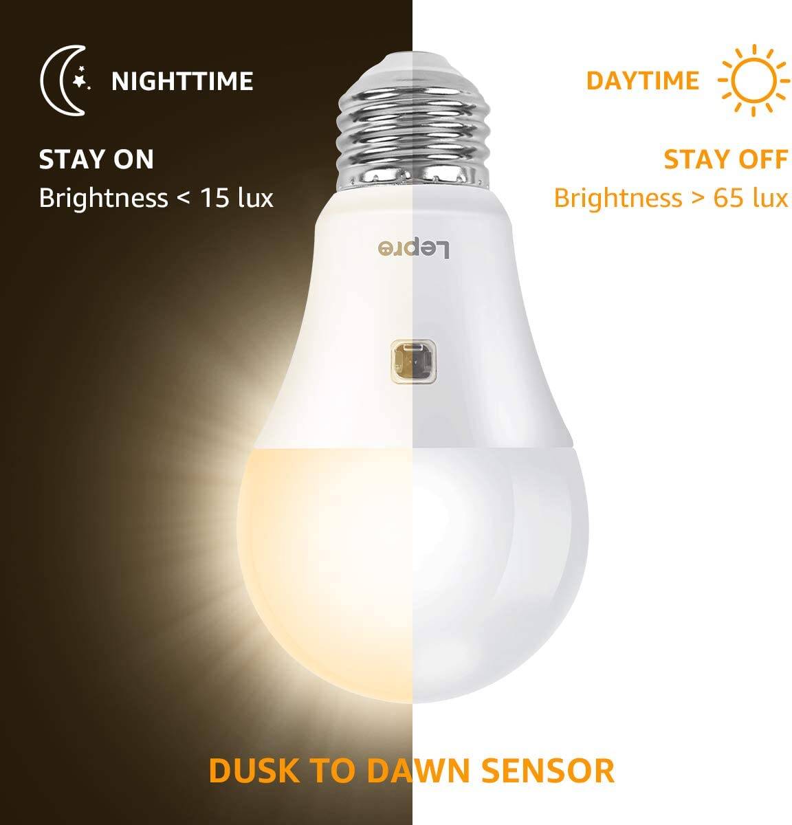 Lepro Dusk to Dawn Light Bulbs Outdoor Lighting, Auto On/Off, Light Sensor LED Bulbs, 60 Watt Equivalent, Non-Dimmable, A19 E26 Medium Screw Base, 9W