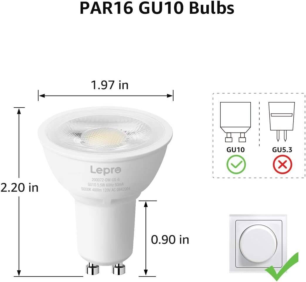 Lepro GU10 LED Bulb Dimmable, 50W Halogen Equivalent Light Bulbs, 5.5W 5000K Daylight White Replacement for Recessed Track Lighting, 40°Spotlight
