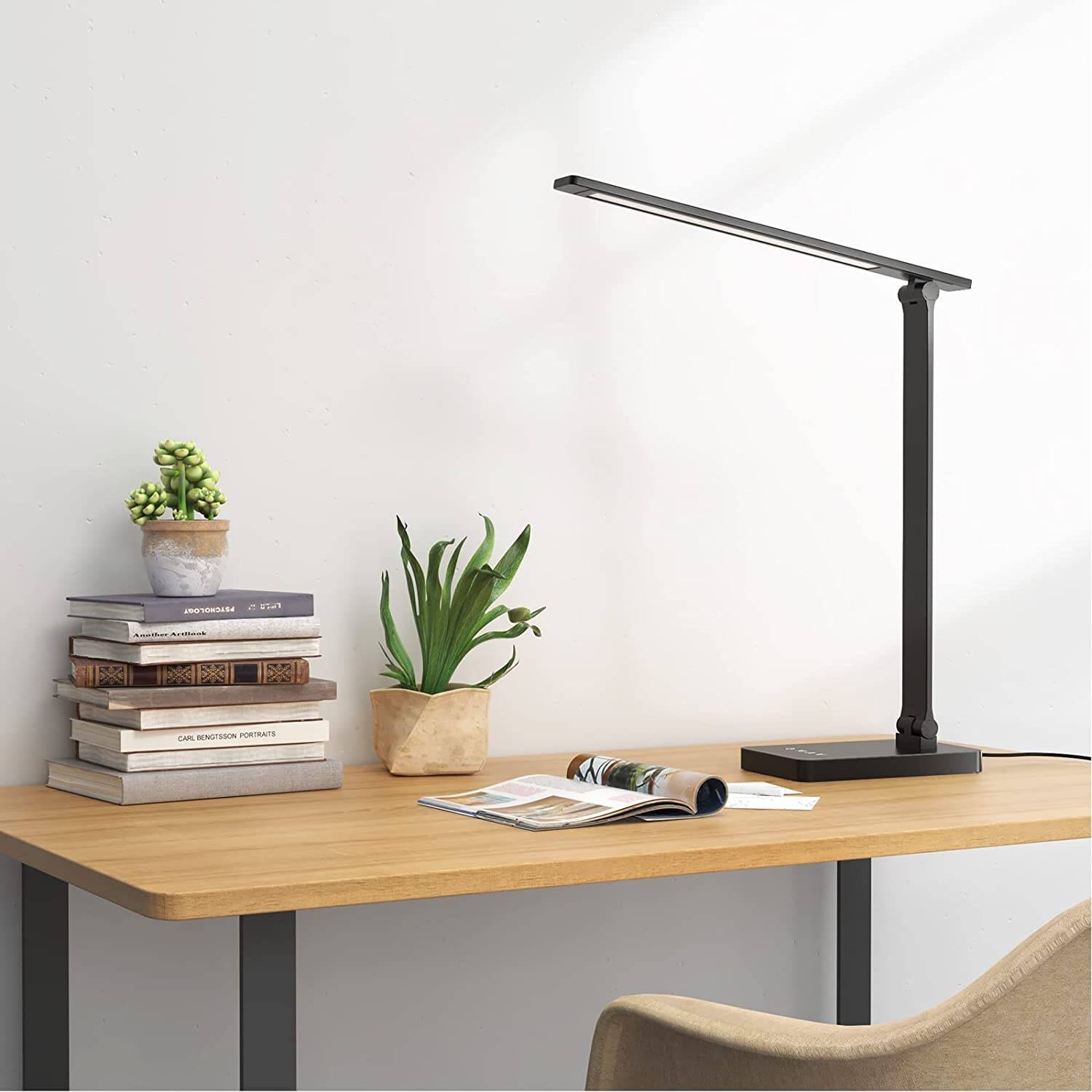 LED Desk Lamp for Home Office, 3 Levels Dimmable Desk Light with USB  Charging Port, Small Study Lamp, Reading Light for Table, Black, 5000K 