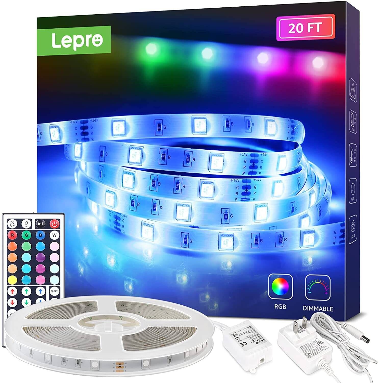 Lepro LED Strip Lights, 20Ft RGB LED Strips, 5050 SMD LED Color Changing  Strip Light with 44 Keys Remote Controller and 24V Power Supply, LED Lights  for Bedroom, Home, TV Backlight