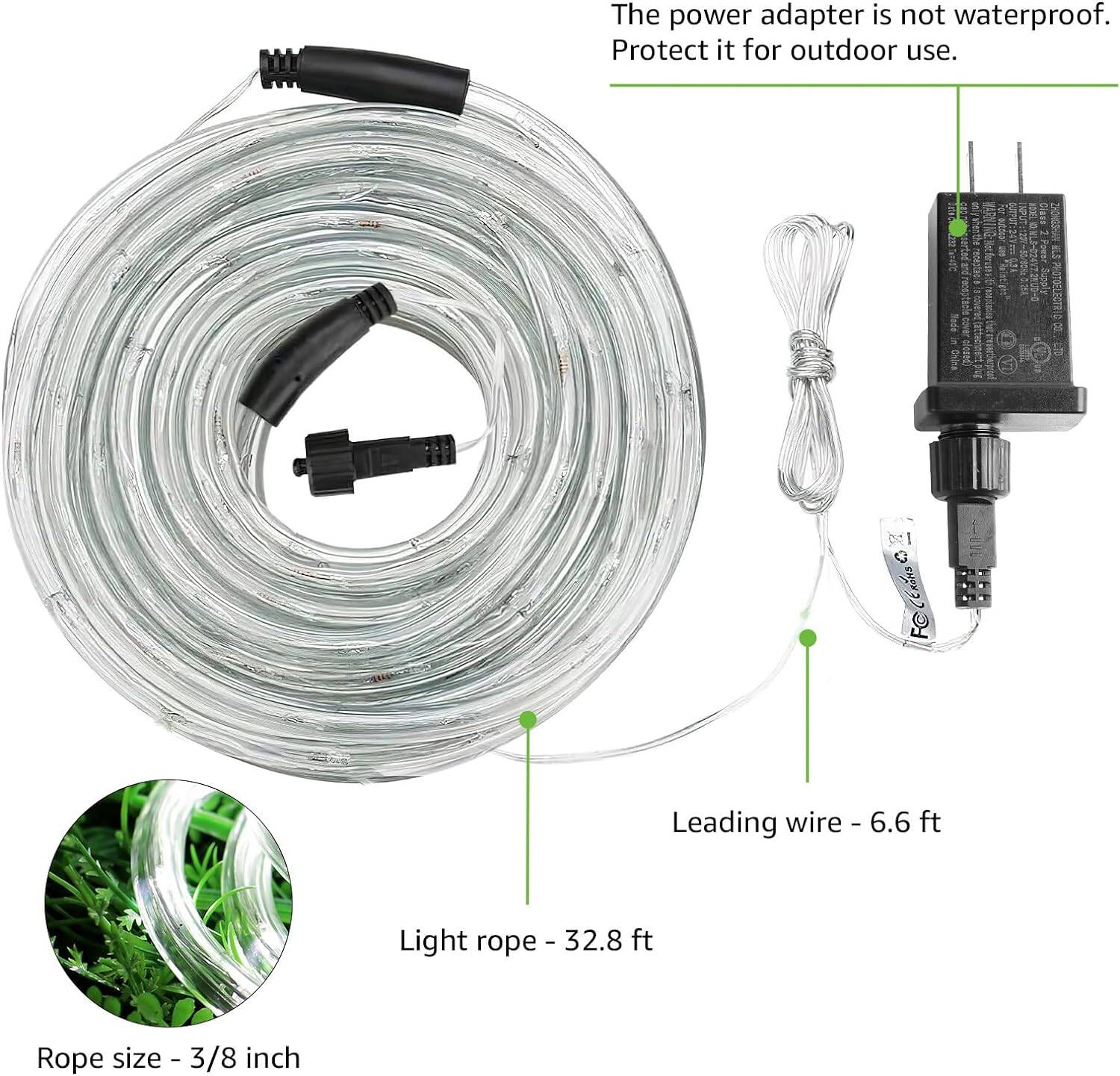 Le LED Rope Lights,33 ft 240 LED, Low Voltage, Daylight White, Waterproof, Connectable Clear Tube Indoor Outdoor Light Rope and String for Deck, Patio