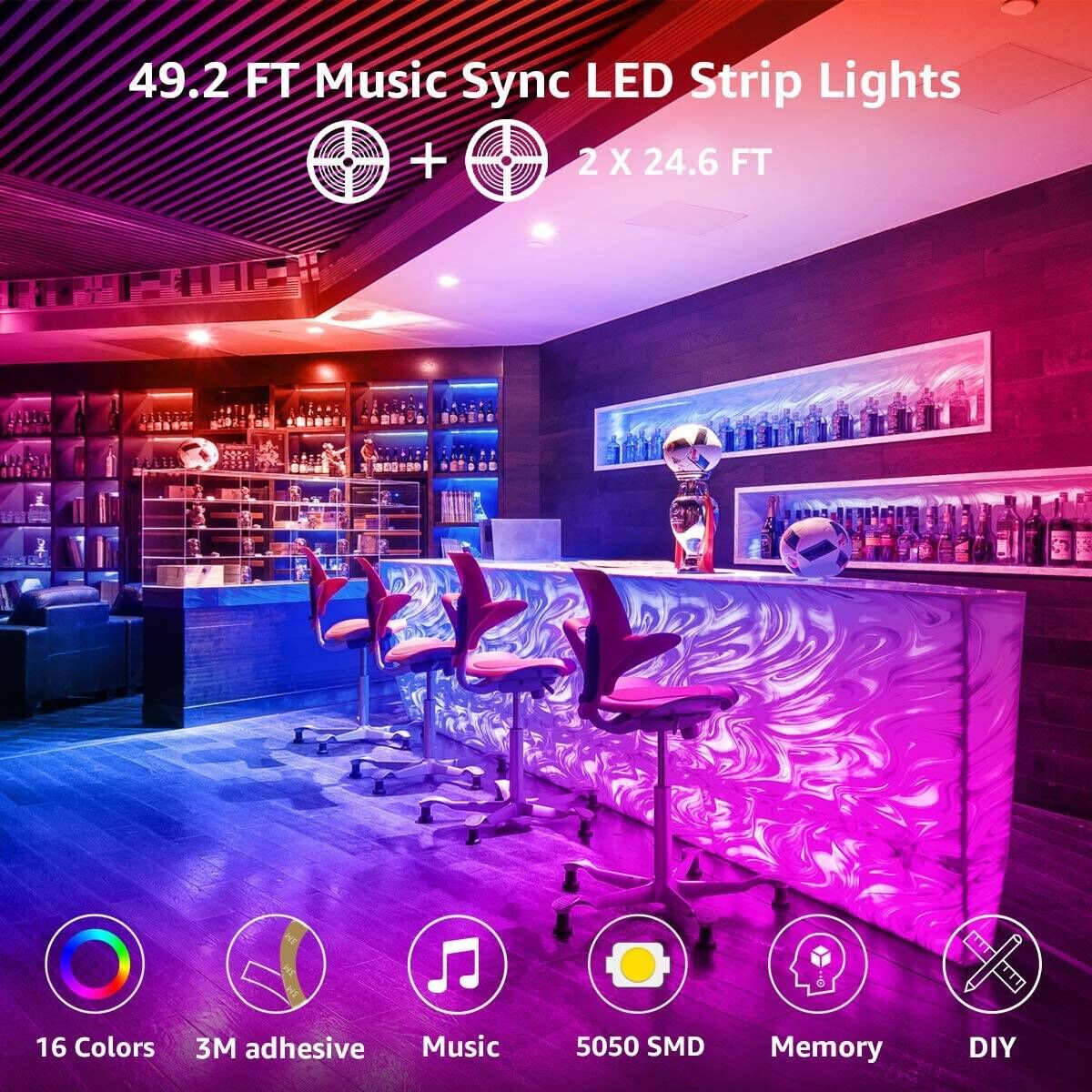 Lepro 49.2ft LED Strip Lights Sync to Music, 5050 SMD RGB Color Changing LED Strips with Remote for Bedroom, Home, TV, Parties and Festivals