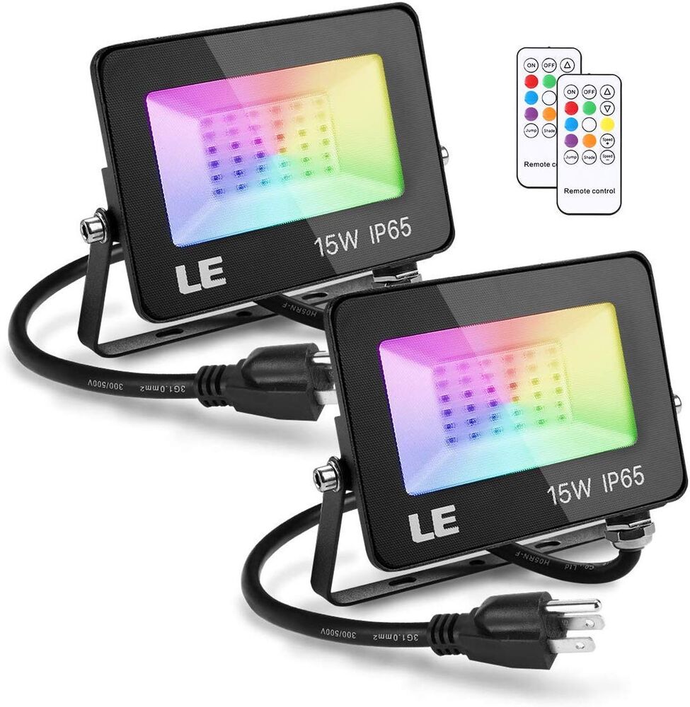 Pack of 2 LE 10W RGB Flood Light Dimmable Outdoor Lighting Waterproof 16 Colours and 4 Modes Floodlight with UK Plug Colour Changing LED Garden Light with Remote Control