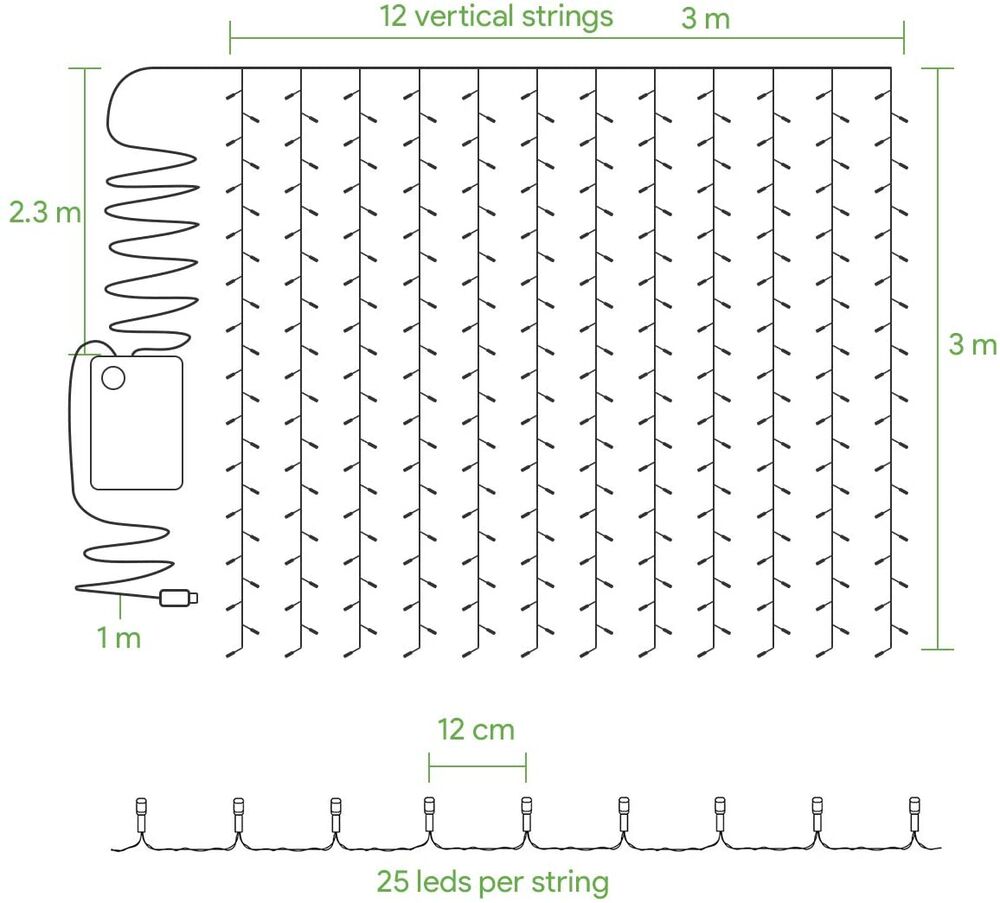 9.8x9.8ft LED Curtain Light, USB or Battery Operated, 8 Mode, Warm White,  300 LED - Lepro