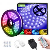 16.4ft RGB LED Lights Strip with 44 Keys IR Remote and 12V Power Supply, Flexible Color Changing 5050 300 LEDs Tape Lights for Bedroom, Home, Kitchen