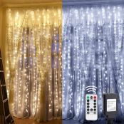 LE Dual Color LED Curtain Lights, 2 in 1 Cool and Warm White, Timer/Remote/Dimmable/9 Modes, 9.8x9.8ft 300 LED, Indoor Outdoor Wall Window String Light for Bedroom, Party, Wedding, Patio and More
