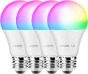 Smart WiFi Light Bulbs, LED Color Changing Lights, Works with Alexa & Google Assistant, RGBW 2700K-6500K, 60 Watt Equivalent, Dimmable with App, A19 E26, No Hub Required, 2.4GHz WiFi Only, Pack of 4