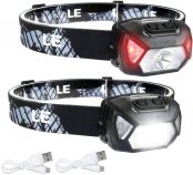 LE LED Headlamp Rechargeable, 6 Modes, Super Bright, Lightweight and Comfortable, IPX4 Rate, Rechargeable Headlamp for Adults and Kids, USB Cable Included, 2 Pack