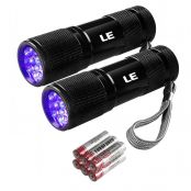 LE Small UV Flashlight, Portable Black Light with 9 LEDs, 395nm, Ultraviolet Light Detector for Invisible Ink Pens, Pet Dog Cat Urine Stain and more, AAA Batteries Included, Pack of 2