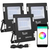 LE iLUX Smart LED Flood Light, Outdoor Plug in, 30W RGB, IP65 Waterproof, Bluetooth Remote Control for iOS and Android, Color Changing with Music, Floodlights for Home, Garden, Balcony, Pack of 3