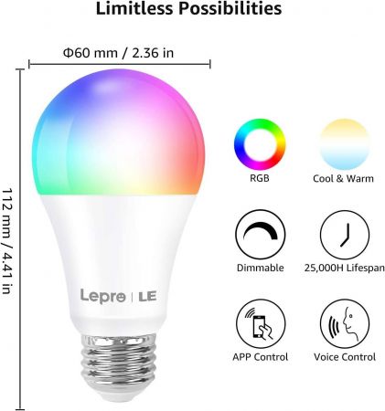 Lepro Light Bulbs, RGBW Changing Bulbs, Works with Alexa and Google Home, Dimmable with App, 60 Watt Equivalent, A19 E26, 25000 Hour Lifetime, No Hub Required, 2.4G WiFi Only (4 Pack)