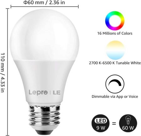 Lepro Bombilla LED Inteligente WiFi Ajustable, Smart WiFi E27 9W
