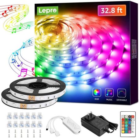 Lepro LED Strip Lights, Music Sync RGB Lights for Bedroom, 5050 SMD Color Changing Strip Light with Remote Controller Fixing Clips for Home Decoration, Desk, Gaming Room, Party
