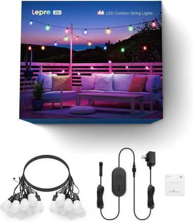 Lepro AI Smart Outdoor String Lights ZB1 54 42 12 ft RGB IC Outdoor Lights with 15 Warm White LED Bulbs Alexa Google Enabled LightBeats Music Sync AI Generated Lighting LLM 2.4 GHz WiFi Bluetooth