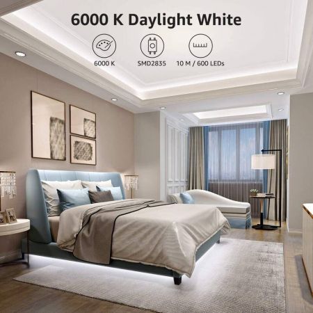 32.8ft Daylight White LED Strips Lights, Dimmable LED Tape Lights, Flexible with 600 LEDs for Bedroom, Dining Room, Living Room, Kitchen