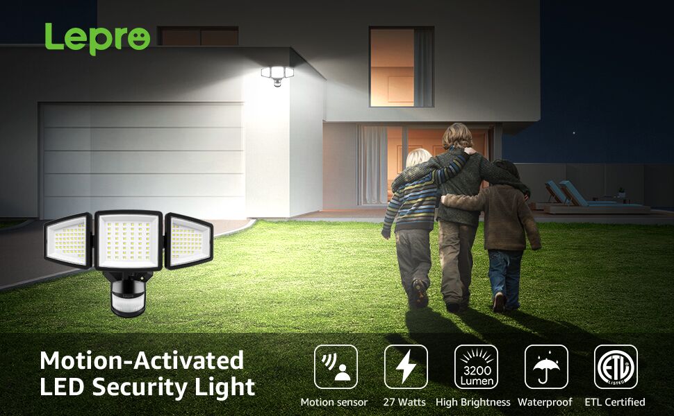 27W 3 Head Motion Sensor LED Security Lights Outdoor Waterproof