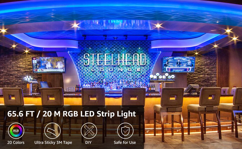 Lepro Tira de luces LED de 65.6 pies, tiras LED RGB 5050 ultra  largas con control remoto y clips de fijación, cinta de luz que cambia de  color con adaptador ETL